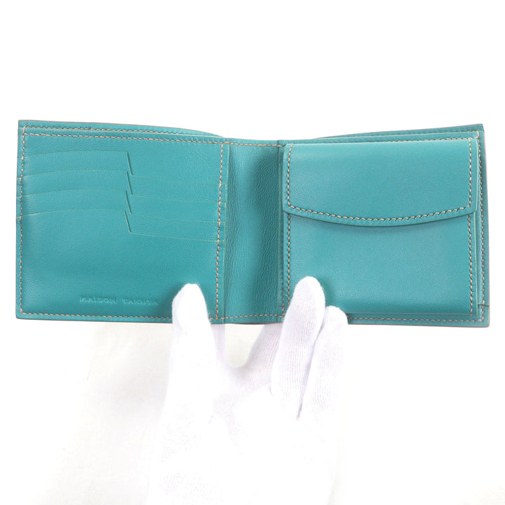 極美品□MAISON TAKUYA メゾンタクヤ T5 Wallet レザー コンパクトウォレット 二つ折り財布 ベージュ ターコイズブルー 箱・保存袋付き