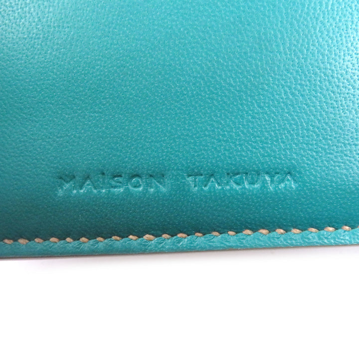 極美品□MAISON TAKUYA メゾンタクヤ T5 Wallet レザー コンパクトウォレット 二つ折り財布 ベージュ ターコイズブルー 箱・保存袋付き