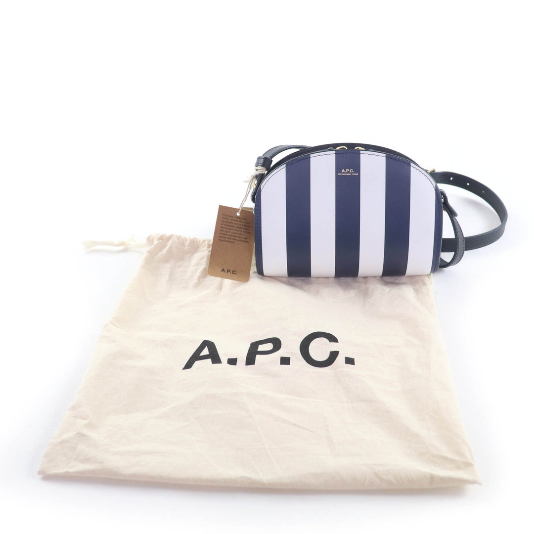 未使用品★A.P.C. アーペーセー PXBSZ-F61392 sac deml mini ストライププリント ハーフムーン レザー ショルダーバッグ 紺 白 保存袋付