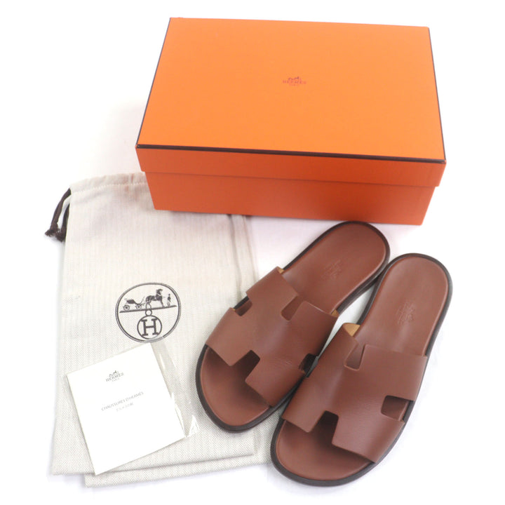 美品▼HERMES エルメス イズミール レザー Hモチーフ スライドサンダル ブラウン 41 箱・保存袋付き イタリア製 メンズ