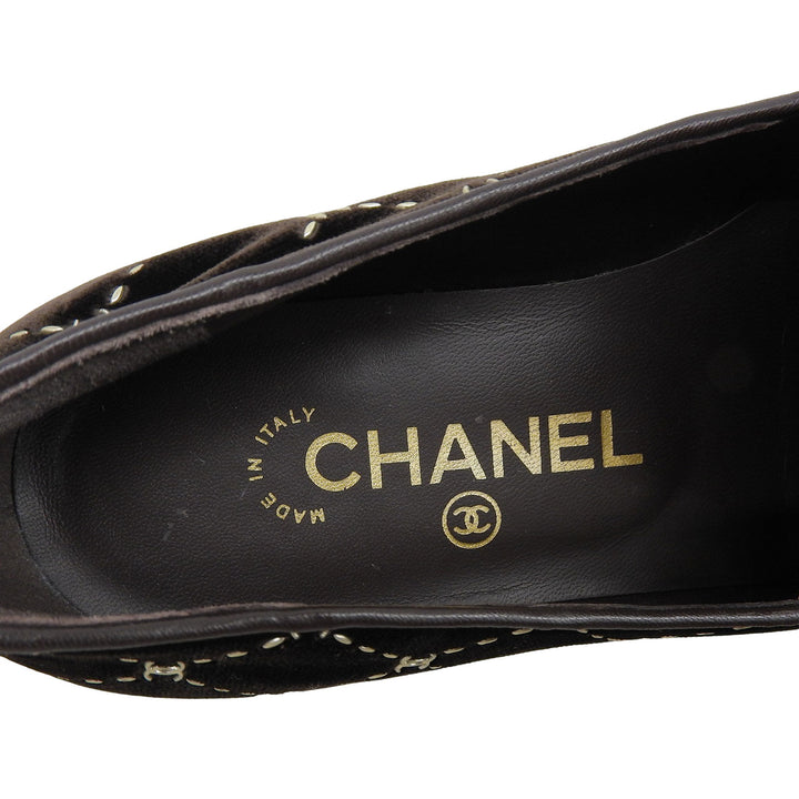 美品▲CHANEL シャネル G33126 マトラッセステッチ ココマーク ベロア オペラシューズ スリッポン ダークブラウン 35 保存袋付き 伊製