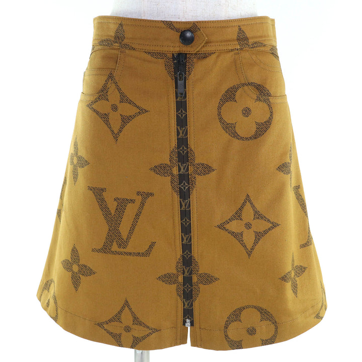 極美品△LOUIS VUITTON ルイヴィトン コットン ジャイアント モノグラム フロントジップ 台形型 ミニスカート ブラウン 38 伊製 正規品