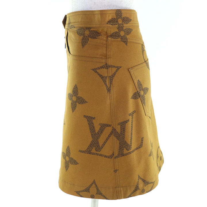 極美品△LOUIS VUITTON ルイヴィトン コットン ジャイアント モノグラム フロントジップ 台形型 ミニスカート ブラウン 38 伊製 正規品