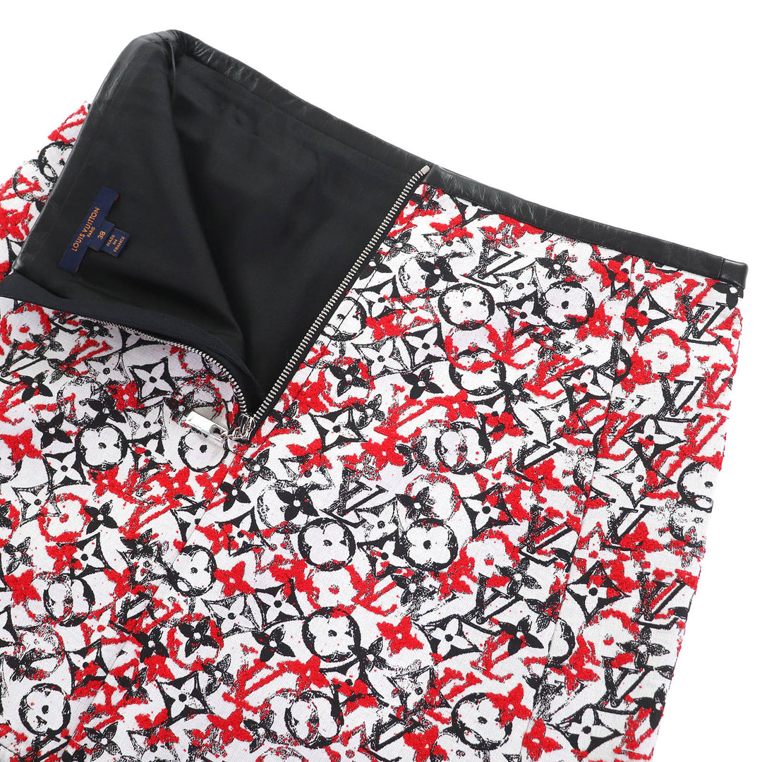 極美品△LOUIS VUITTON ルイヴィトン コットン モノグラム ジャカード レザートリム 台形型 ミニスカート レッド系 38 フランス製 正規品