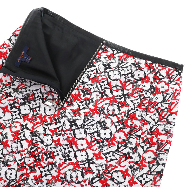 極美品△LOUIS VUITTON ルイヴィトン コットン モノグラム ジャカード レザートリム 台形型 ミニスカート レッド系 38 フランス製 正規品