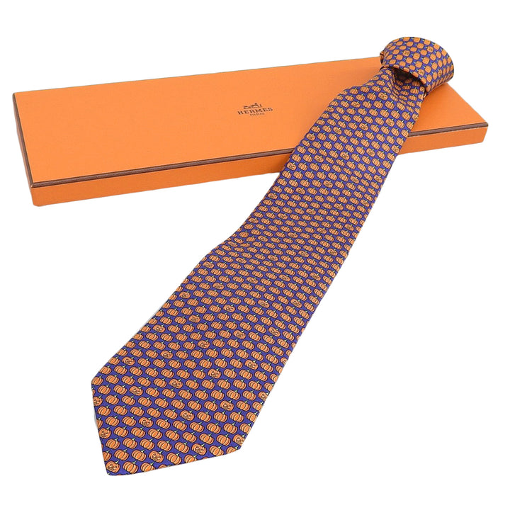 未使用品▲HERMES エルメス シルク100％ アミラルシトルイユ パンプキン柄 ネクタイ 箱付き フランス製 メンズ