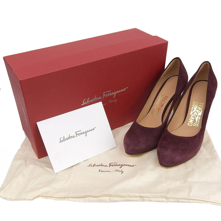 未使用品▲Salvatore Ferragamo サルヴァトーレフェラガモ ラウンドトゥ スエードレザー パンプス ワインレッド系 5 箱・保存袋付き 伊製