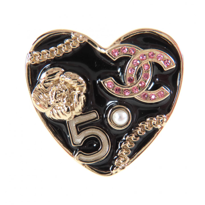 極美品◇CHANEL シャネル B24S ココマーク カメリア No5 アイコン ハート ピンブローチ ブラック ゴールド 箱付き イタリア製 レディース