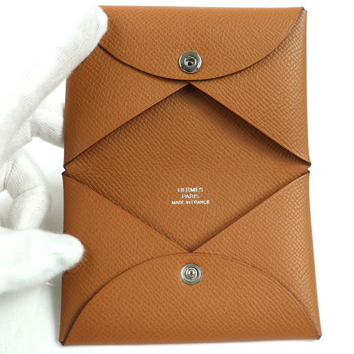 未使用品△HERMES エルメス カルヴィ ヴォーエプソン ゴールド シルバー金具 名刺入れ カードケース W刻印 箱付き フランス製 レディース