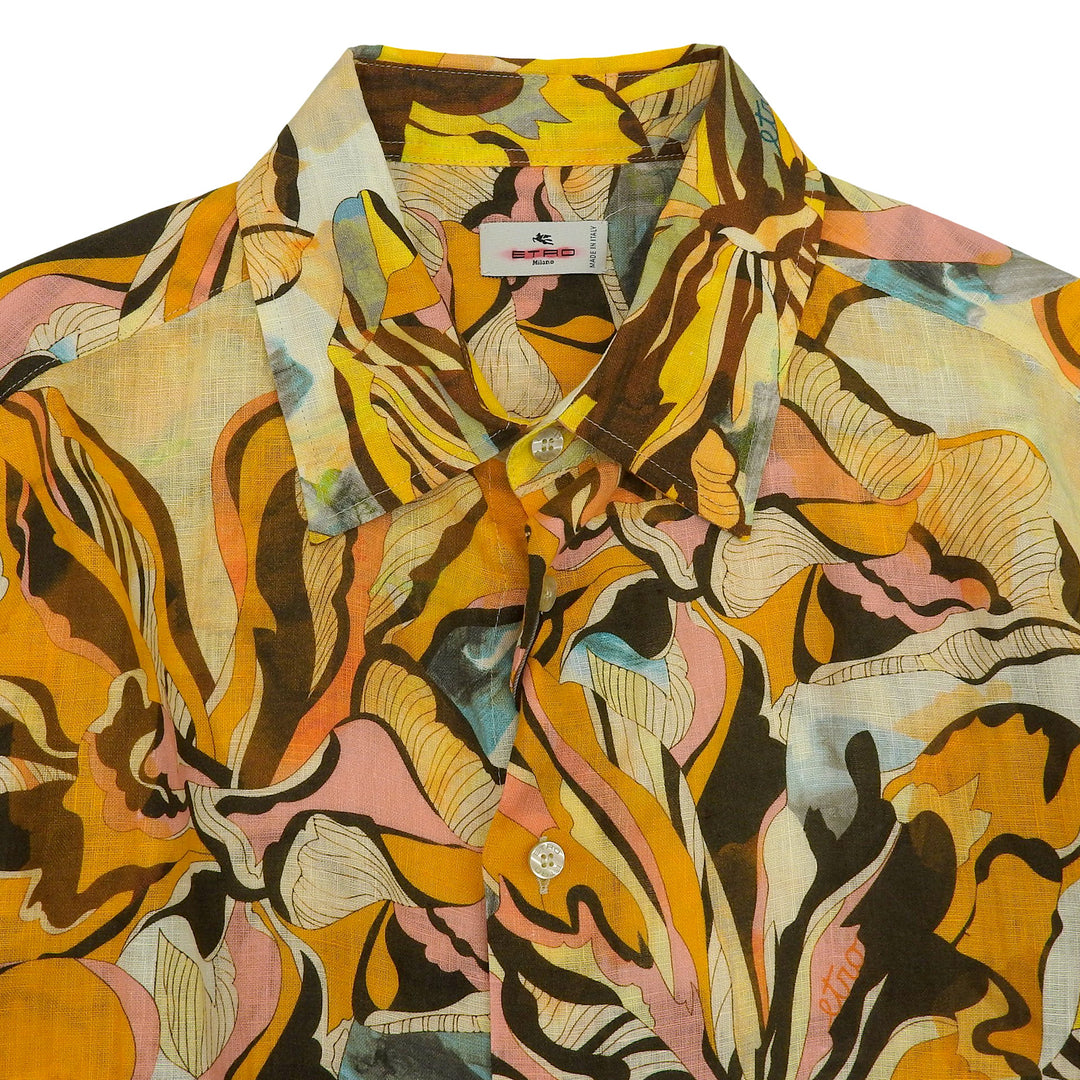 未使用品▲ETRO エトロ 23SS リネン100％ 総柄 ロゴ入りボタン ロングスリーブ 長袖シャツ オレンジ マルチ 41 イタリア製 正規品 メンズ