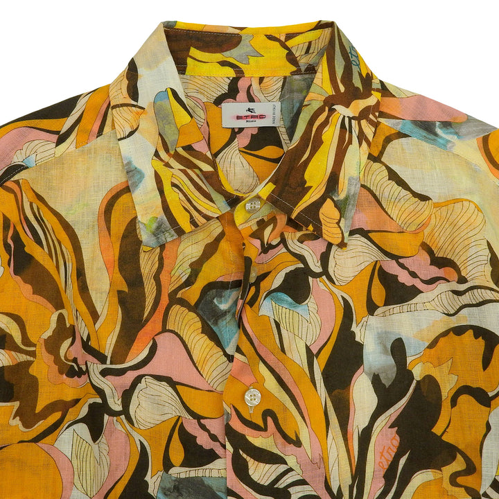 未使用品▲ETRO エトロ 23SS リネン100％ 総柄 ロゴ入りボタン ロングスリーブ 長袖シャツ オレンジ マルチ 41 イタリア製 正規品 メンズ