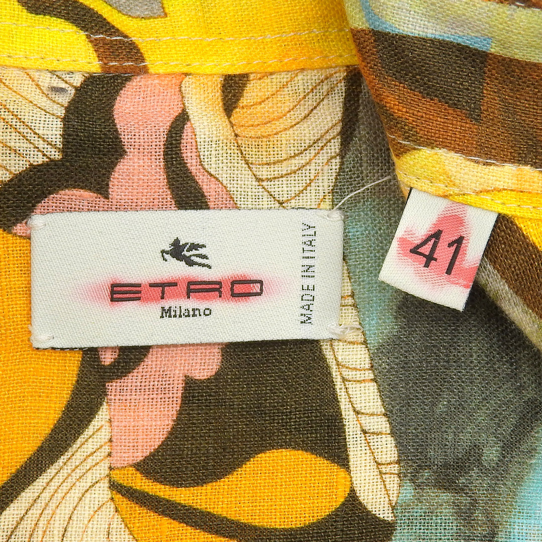 未使用品▲ETRO エトロ 23SS リネン100％ 総柄 ロゴ入りボタン ロングスリーブ 長袖シャツ オレンジ マルチ 41 イタリア製 正規品 メンズ