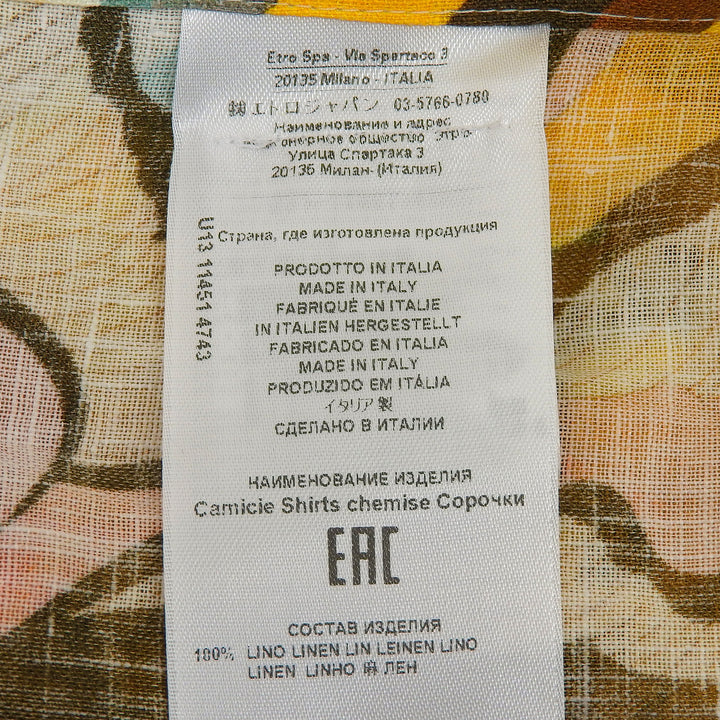 未使用品▲ETRO エトロ 23SS リネン100％ 総柄 ロゴ入りボタン ロングスリーブ 長袖シャツ オレンジ マルチ 41 イタリア製 正規品 メンズ