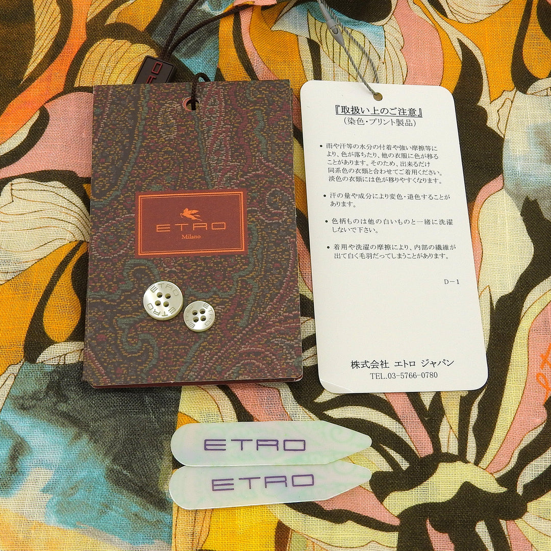 未使用品▲ETRO エトロ 23SS リネン100％ 総柄 ロゴ入りボタン ロングスリーブ 長袖シャツ オレンジ マルチ 41 イタリア製 正規品 メンズ