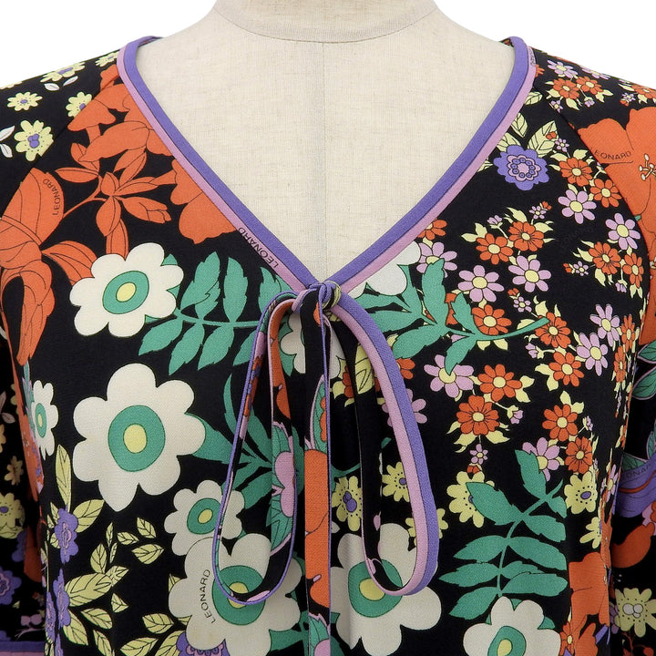 美品▲LEONARD レオナール 花柄プリント リボン付き Vネック ショートスリーブ カンカン ワンピース マルチ S 日本製 正規品 レディース