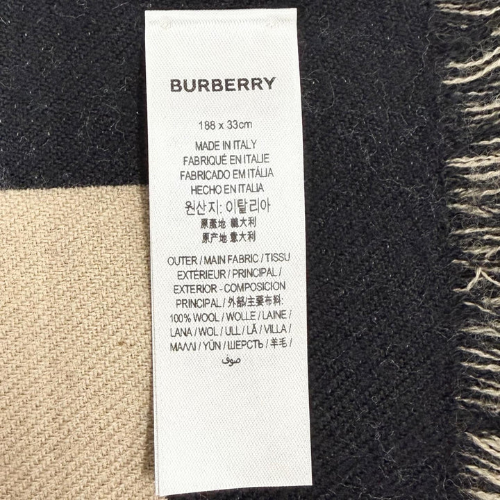 美品▲BURBERRY バーバリー 8035525 ウール100％ ロゴジャガード フリンジ付き マフラー ベージュ ブラック 188×33 イタリア製 正規品