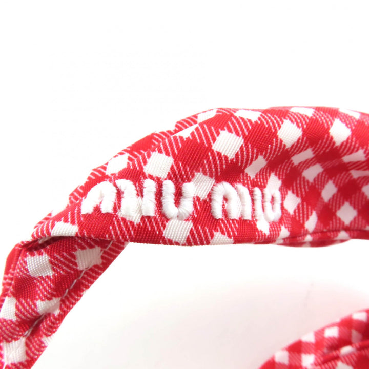 極美品★MIUMIU ミュウミュウ ロゴ刺繍入り ギンガムチェック リボン カチューシャ ヘアアクセサリー レッド レディース