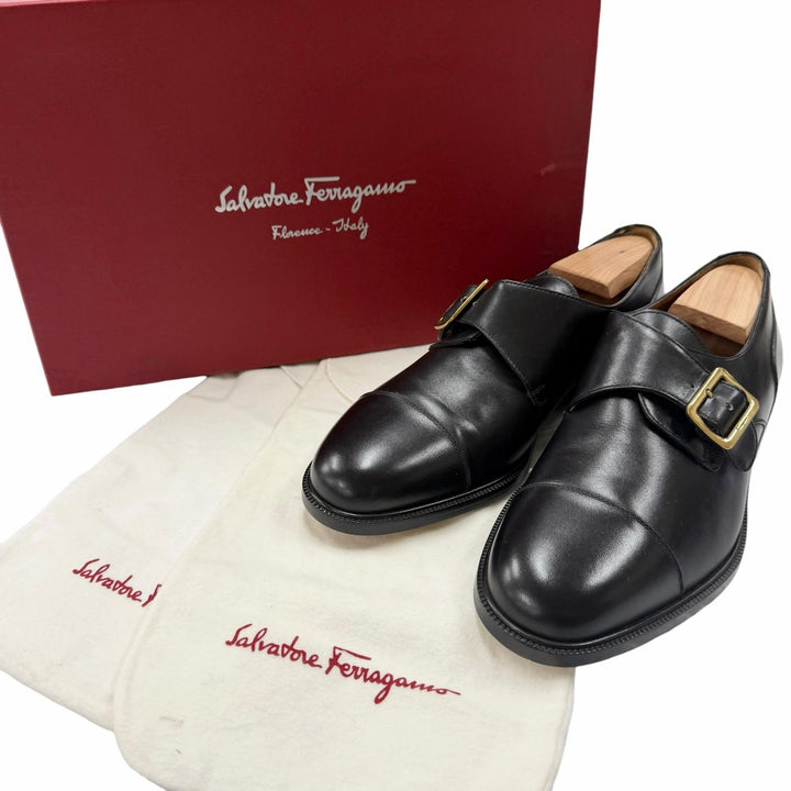 極美品□Salvatore Ferragamo サルヴァトーレフェラガモ レザー キャップトゥ シングルモンクストラップ ドレスシューズ 7 EE イタリア製