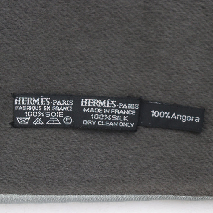 美品▼HERMES エルメス シルク アンゴラ 総柄 フリンジ付き リバーシブル ストール マフラー グレー フランス製 メンズ