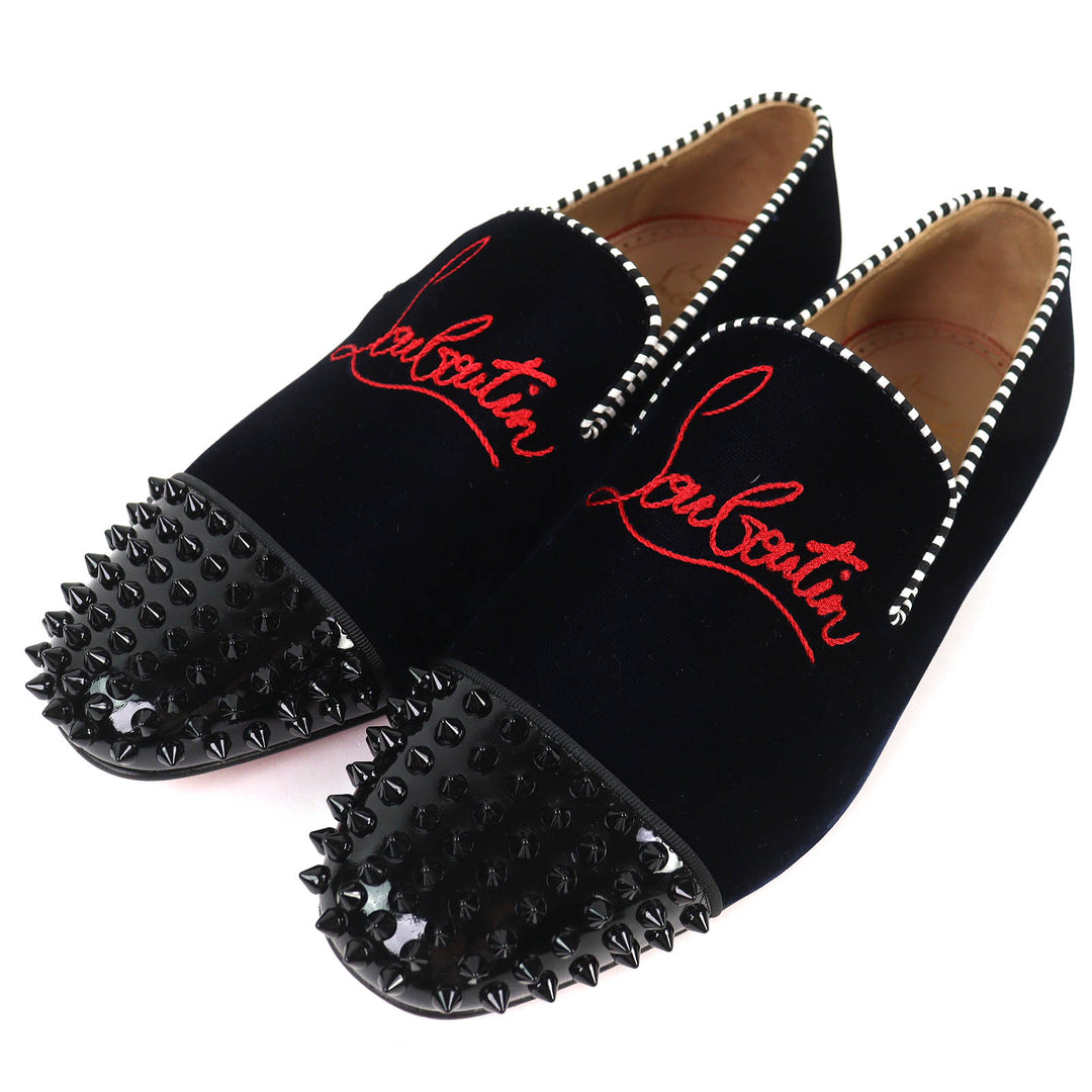 極美品△Christian Louboutin クリスチャンルブタン Spooky flat pat velv brode ロゴ刺繍 スパイクスタッズ ベルベット ローファー 41