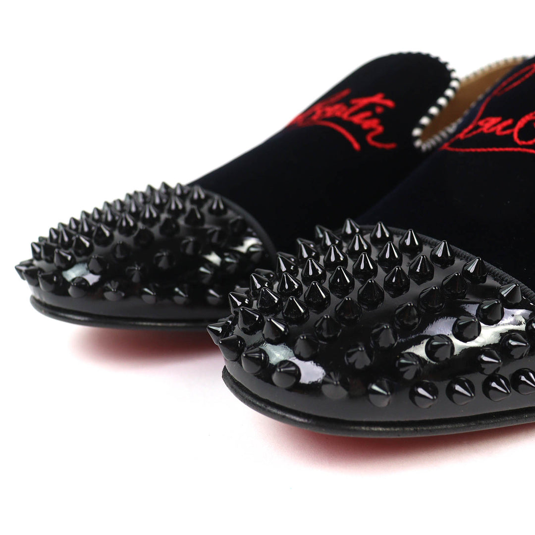 極美品△Christian Louboutin クリスチャンルブタン Spooky flat pat velv brode ロゴ刺繍 スパイクスタッズ ベルベット ローファー 41