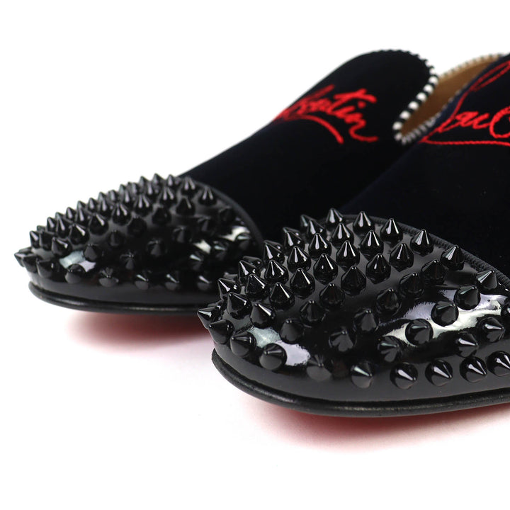 極美品△Christian Louboutin クリスチャンルブタン Spooky flat pat velv brode ロゴ刺繍 スパイクスタッズ ベルベット ローファー 41