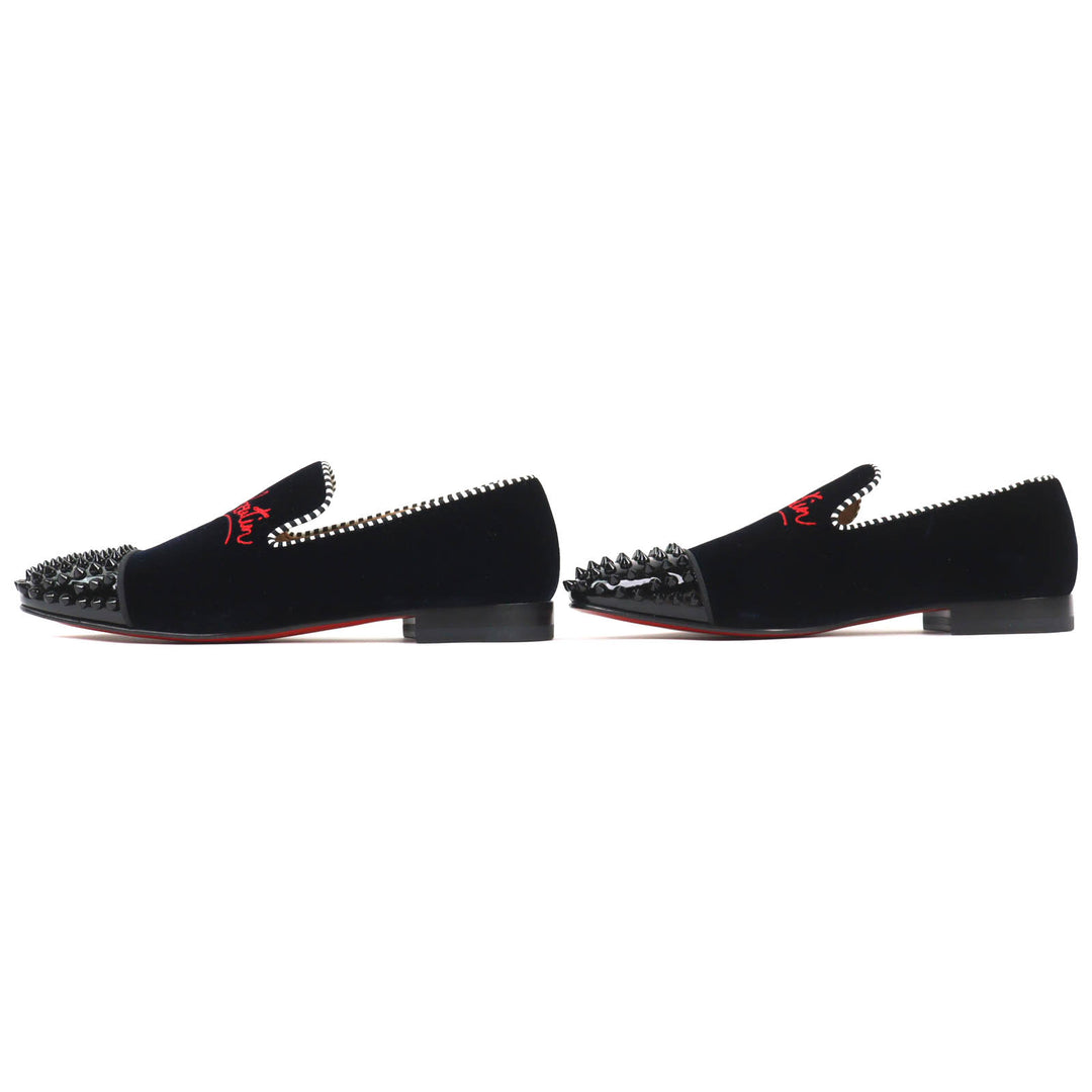 極美品△Christian Louboutin クリスチャンルブタン Spooky flat pat velv brode ロゴ刺繍 スパイクスタッズ ベルベット ローファー 41