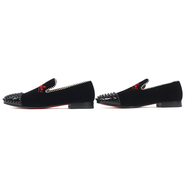 極美品△Christian Louboutin クリスチャンルブタン Spooky flat pat velv brode ロゴ刺繍 スパイクスタッズ ベルベット ローファー 41