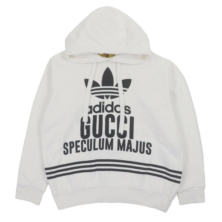未使用品▼GUCCI adidas グッチ アディダス 23SS 717427 コットン100% ロゴプリント プルオーバー パーカー ホワイト S 正規品 メンズ