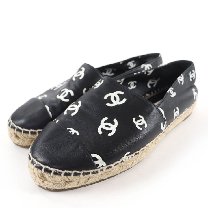 美品☆CHANEL シャネル G38628 ココマーク エスパドリーユ スリッポン レザーシューズ ブラック ホワイト 37 レディース