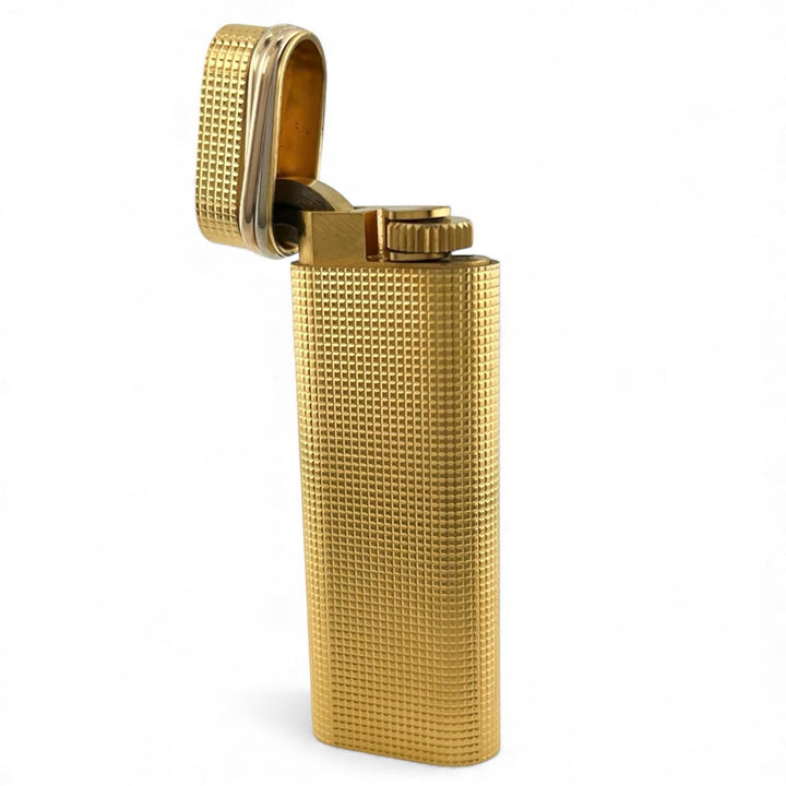 美品▲Cartier カルティエ トリニティ オーバル ブロックチェック柄 GP ローラー式 喫煙具 ガス ライター ゴールド メンズ 着火確認済み