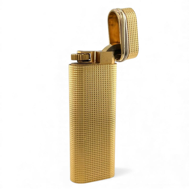 美品▲Cartier カルティエ トリニティ オーバル ブロックチェック柄 GP ローラー式 喫煙具 ガス ライター ゴールド メンズ 着火確認済み