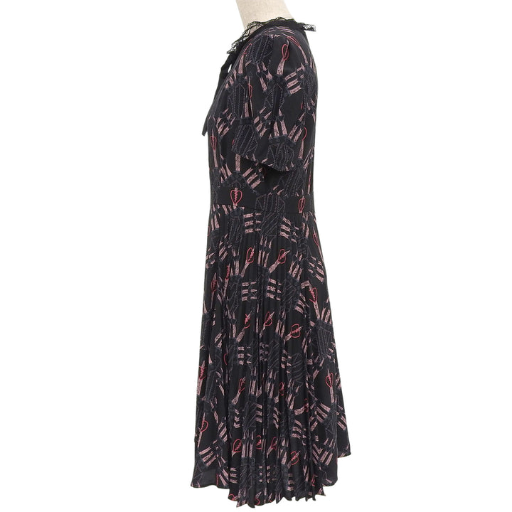 極美品▲VALENTINO ヴァレンティノ シルク100％ 総柄 レースカラー サイドプリーツ ワンピース ブラック 42 伊製 正規品 レディース