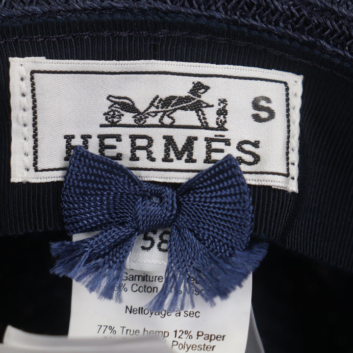 極美品▼HERMES エルメス ラフィア セリエボタン 中折れ帽子 ストローハット ネイビー ブルー 58 イタリア製 正規品　メンズ