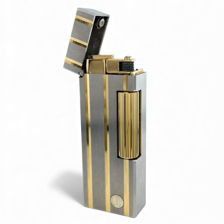 美品▲Dunhill ダンヒル スクエア ストライプ柄 ローラー式 喫煙具 ガス ライター シルバー ゴールド スイス製 メンズ 着火確認済み
