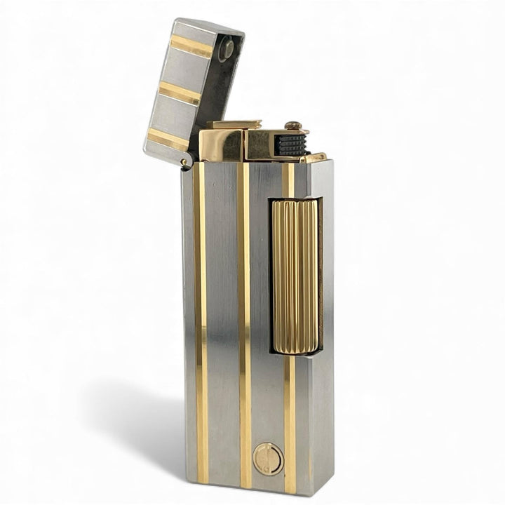 美品▲Dunhill ダンヒル スクエア ストライプ柄 ローラー式 喫煙具 ガス ライター シルバー ゴールド スイス製 メンズ 着火確認済み