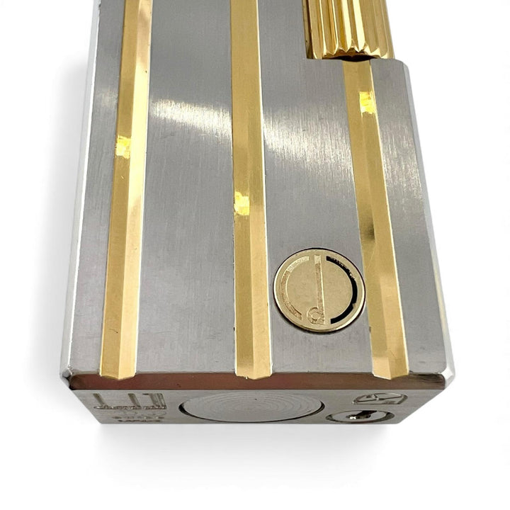 美品▲Dunhill ダンヒル スクエア ストライプ柄 ローラー式 喫煙具 ガス ライター シルバー ゴールド スイス製 メンズ 着火確認済み