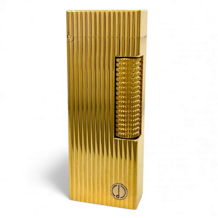 美品▲Dunhill ダンヒル スクエア ストライプ柄 ローラー式 喫煙具 ガス ライター ゴールド スイス製 メンズ 着火確認済み