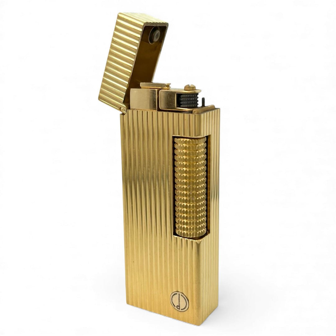 美品▲Dunhill ダンヒル スクエア ストライプ柄 ローラー式 喫煙具 ガス ライター ゴールド スイス製 メンズ 着火確認済み