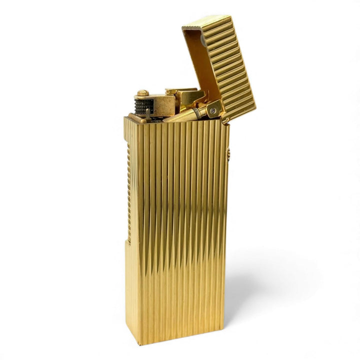 美品▲Dunhill ダンヒル スクエア ストライプ柄 ローラー式 喫煙具 ガス ライター ゴールド スイス製 メンズ 着火確認済み