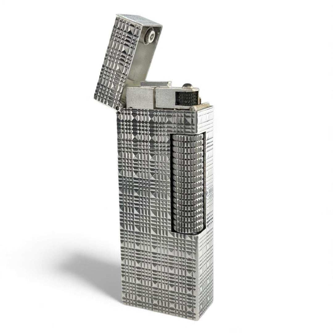 極美品▲Dunhill ダンヒル スクエア ブロックチェック柄 ローラー式 喫煙具 ガス ライター シルバー スイス製 メンズ 着火確認済み