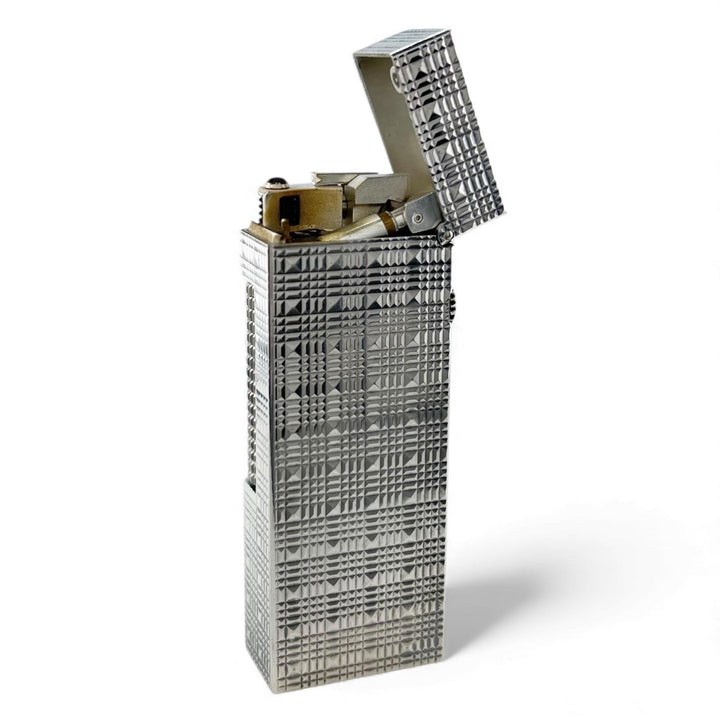 極美品▲Dunhill ダンヒル スクエア ブロックチェック柄 ローラー式 喫煙具 ガス ライター シルバー スイス製 メンズ 着火確認済み