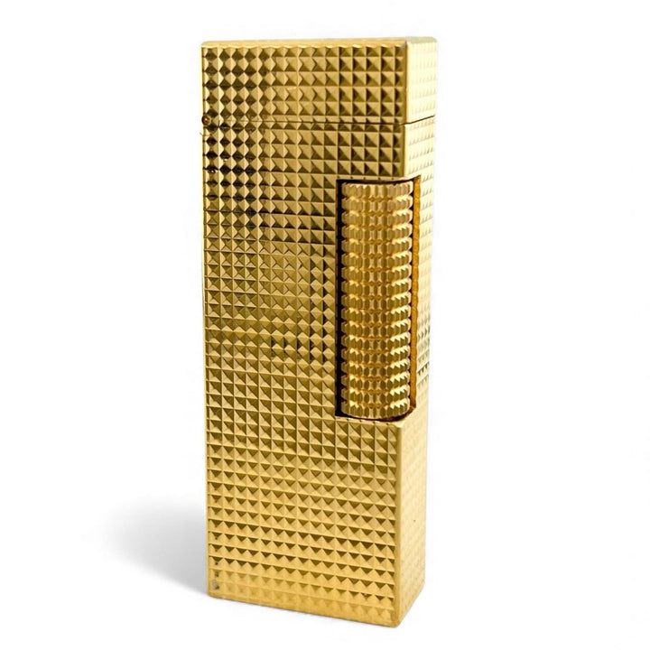 美品▲Dunhill ダンヒル スクエア ダイヤ柄 ローラー式 喫煙具 ガス ライター ゴールド スイス製 メンズ 着火確認済み