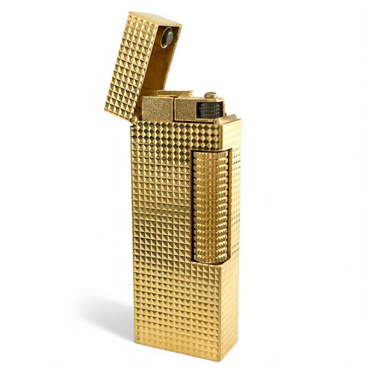 美品▲Dunhill ダンヒル スクエア ダイヤ柄 ローラー式 喫煙具 ガス ライター ゴールド スイス製 メンズ 着火確認済み