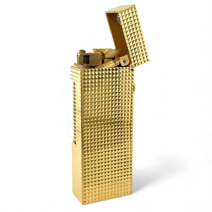 美品▲Dunhill ダンヒル スクエア ダイヤ柄 ローラー式 喫煙具 ガス ライター ゴールド スイス製 メンズ 着火確認済み