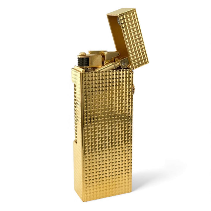美品▲Dunhill ダンヒル スクエア ダイヤ柄 ローラー式 喫煙具 ガス ライター ゴールド スイス製 メンズ 着火確認済み