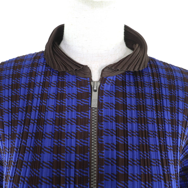 極美品★PLEATS PLEASE プリーツプリーズ イッセイミヤケ PP43-JA691 千鳥柄 ZIP UP プリーツ ジャケット ブルー ブラウン 3 正規品