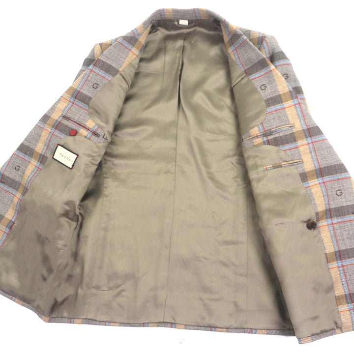 極美品▼GUCCI グッチ 675837 680704 ウール100% GG柄 チェック柄 ダブルスーツ セットアップ ブラウン 48 ガーメント付 正規品 メンズ