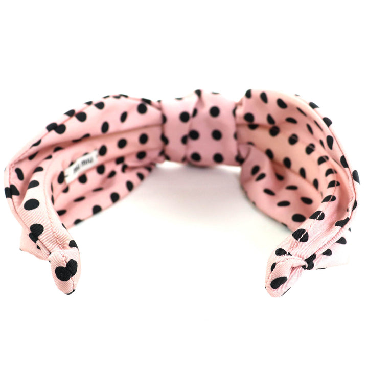 極美品◇Miu Miu ミュウ ミュウ 5IH032 ロゴ刺繍 ドット柄 リボン カチューシャ ヘアアクセサリー ピンク ブラック 保存袋付 レディース