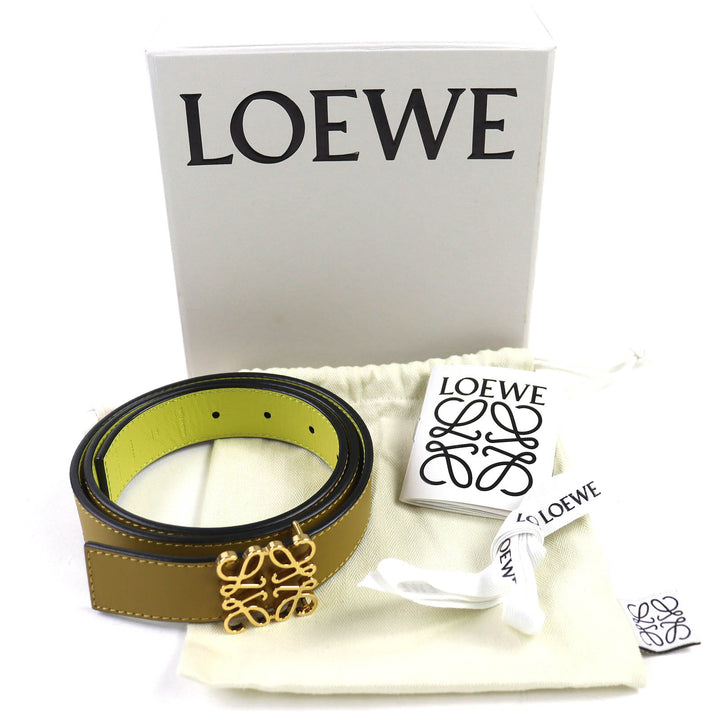 極美品△LOEWE ロエベ 832213 アナグラムバックル レザー ベルト オリーブグリーン イエロー ゴールド金具 80/32 箱・袋付き レディース